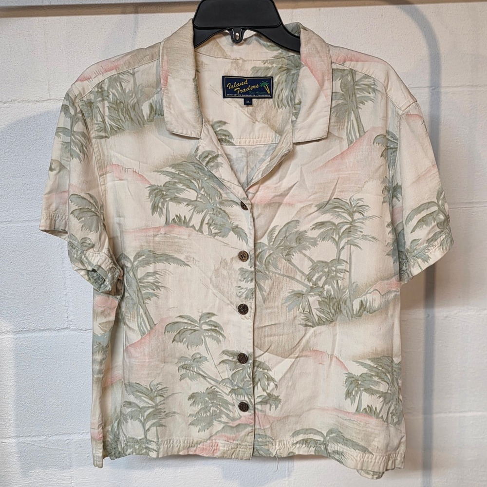Island Traders Women XL Tropical Palm Tree Button Up Shirt Pink Green Cream